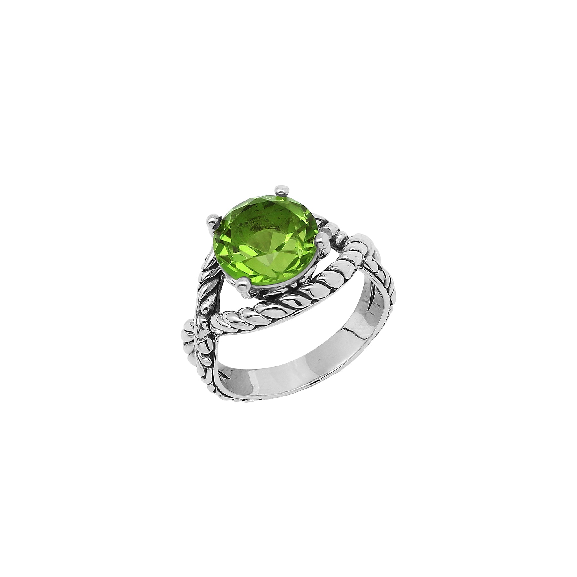 Sterling Silver Peridot Quartz Rope Design Heritage Ring With Balinese Craft Detailing.