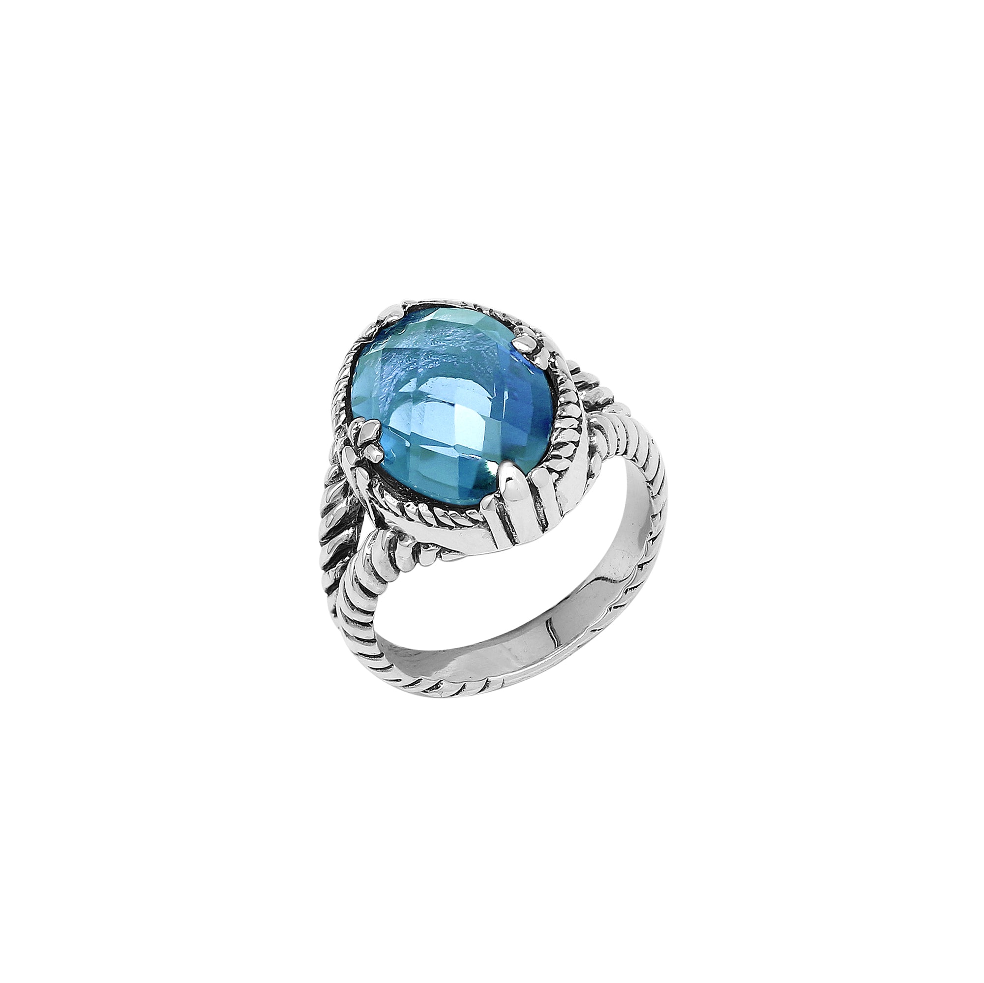 Sterling Silver Blue Topaz Quartz Oval Rope Design Heritage Ring With Balinese Craft Detailing.