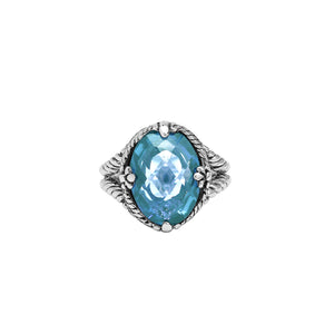 Sterling Silver Blue Topaz Quartz Oval Rope Design Heritage Ring With Balinese Craft Detailing.