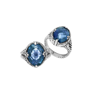 Sterling Silver London Blue Topaz Quartz Oval Rope Design Heritage Ring With Balinese Craft Detailing.