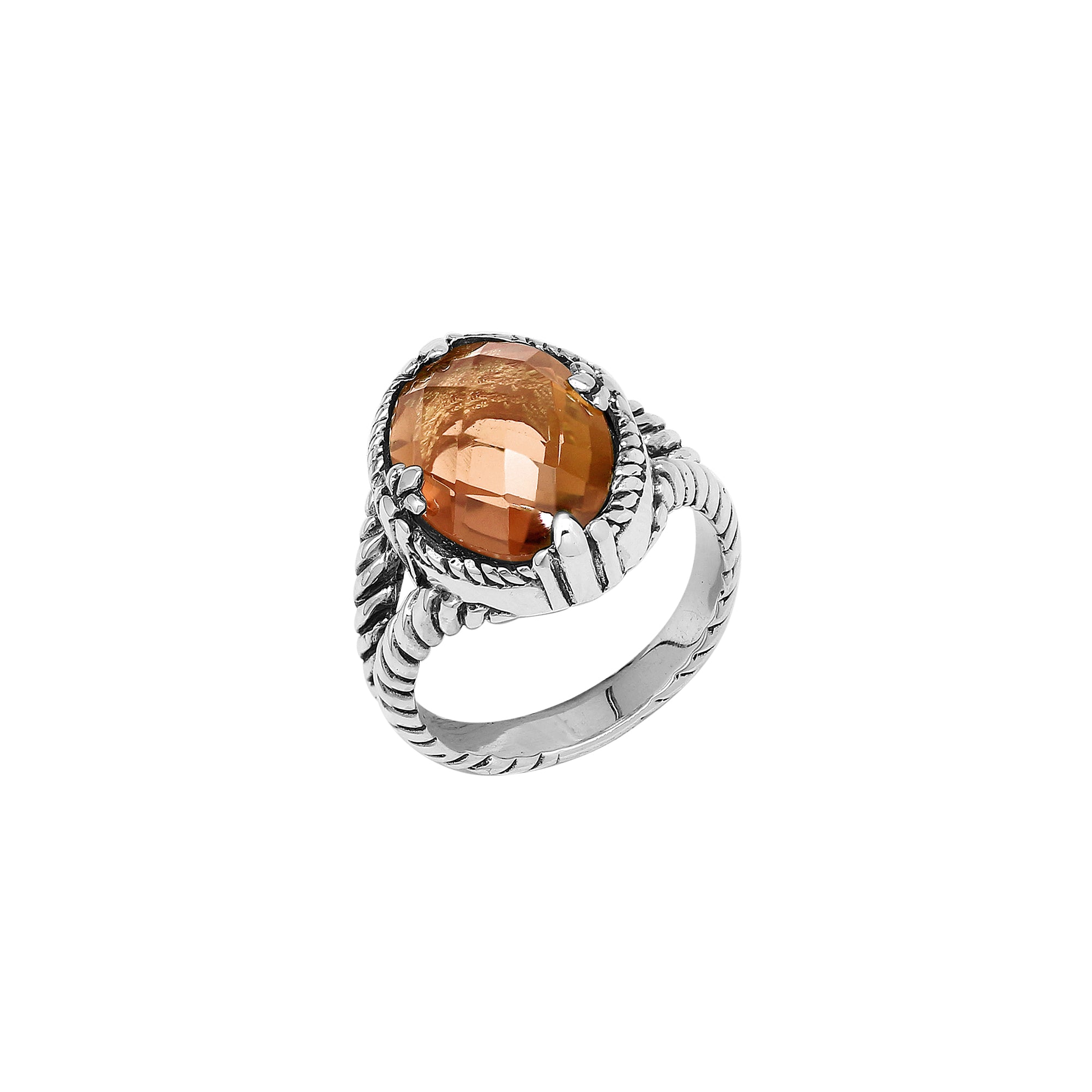 Sterling Silver Morganite Quartz Oval Rope Design Heritage Ring With Balinese Craft Detailing.