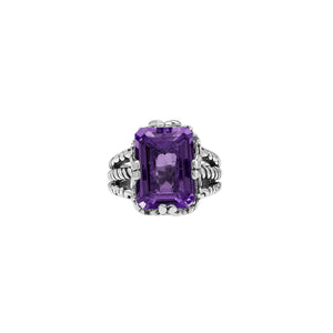 Sterling Silver Amethyst Quartz Emerald Cut Rope Design Heritage Ring With Balinese Craft Detailing.