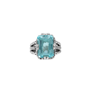 Sterling Silver Blue Topaz Quartz Emerald Cut Rope Design Heritage Ring With Balinese Craft Detailing.