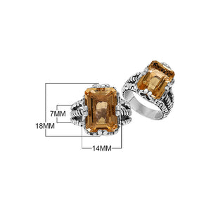 Sterling Silver Citrine Quartz Emerald Cut Rope Design Heritage Ring With Balinese Craft Detailing.