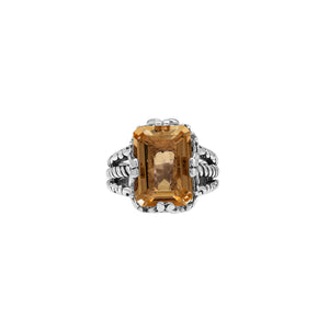 Sterling Silver Citrine Quartz Emerald Cut Rope Design Heritage Ring With Balinese Craft Detailing.