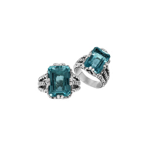Sterling Silver London Blue Topaz Quartz Emerald Cut Rope Design Heritage Ring With Balinese Craft Detailing.