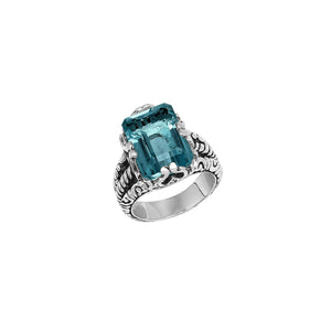 Sterling Silver London Blue Topaz Quartz Emerald Cut Rope Design Heritage Ring With Balinese Craft Detailing.