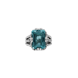 Sterling Silver London Blue Topaz Quartz Emerald Cut Rope Design Heritage Ring With Balinese Craft Detailing.