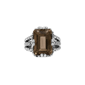 Sterling silver Smokey Quartz emerald cut statement ring with handcrafted Balinese detailing