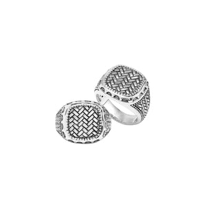 Wholesale sterling silver men’s ring with bold square-top woven texture, handcrafted Bali artisan jewelry in bulk.