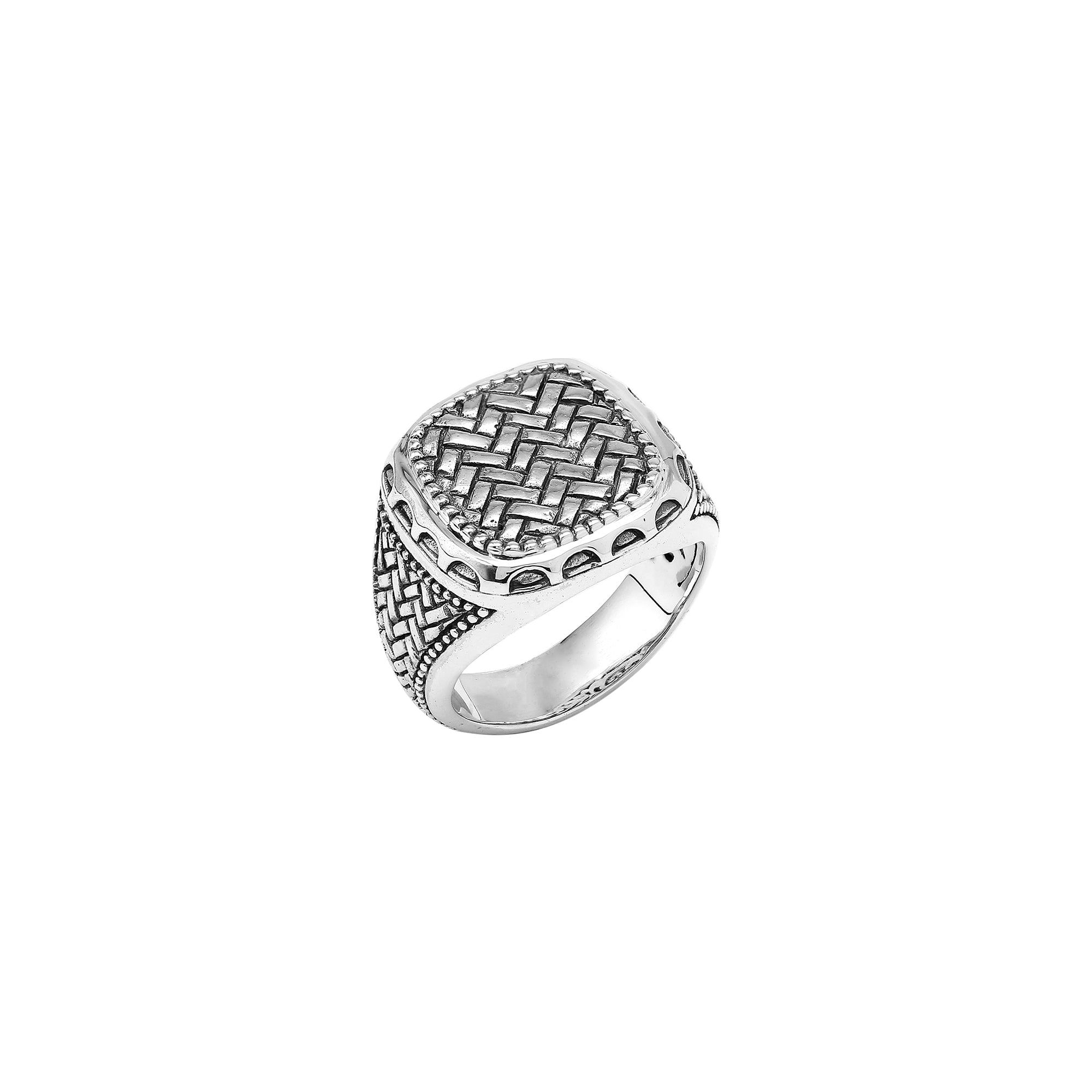 Wholesale sterling silver men’s ring with bold square-top woven texture, handcrafted Bali artisan jewelry in bulk.