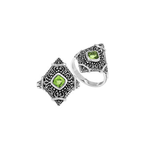 Sterling silver Peridot Quartz statement ring with ornate Balinese filigree design