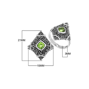 Sterling silver Peridot Quartz statement ring with ornate Balinese filigree design