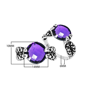 Sterling Silver Amethyst Quartz Round Balinese Engraved Luxury Statement Ring With Polished Finish.