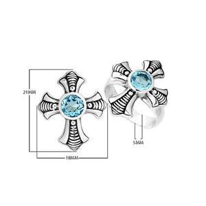 Sterling Silver Blue Topaz Quartz Cross Motif Balinese Engraved Luxury Statement Ring With Polished Finish.