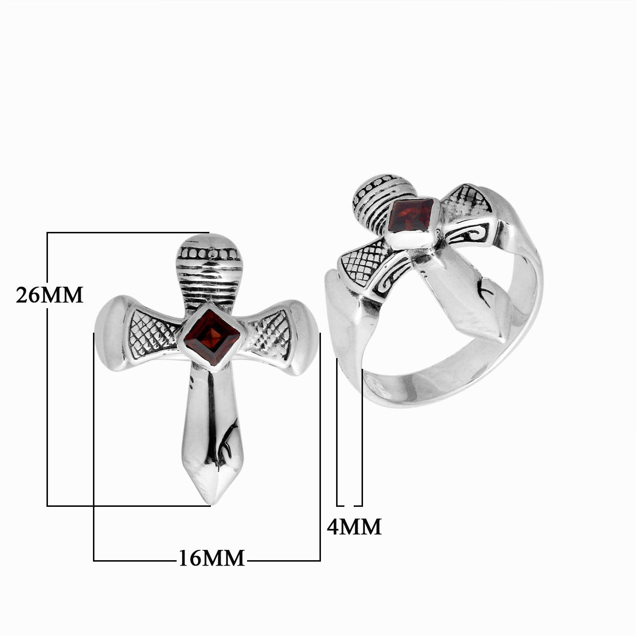Sterling Silver handcrafted ring with Garnet gemstone wholesale from Bali, Indonesia in cross design