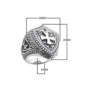 Wholesale Silver Overlay Over Copper Shield Cross Warrior Ring With Medieval Carvings.