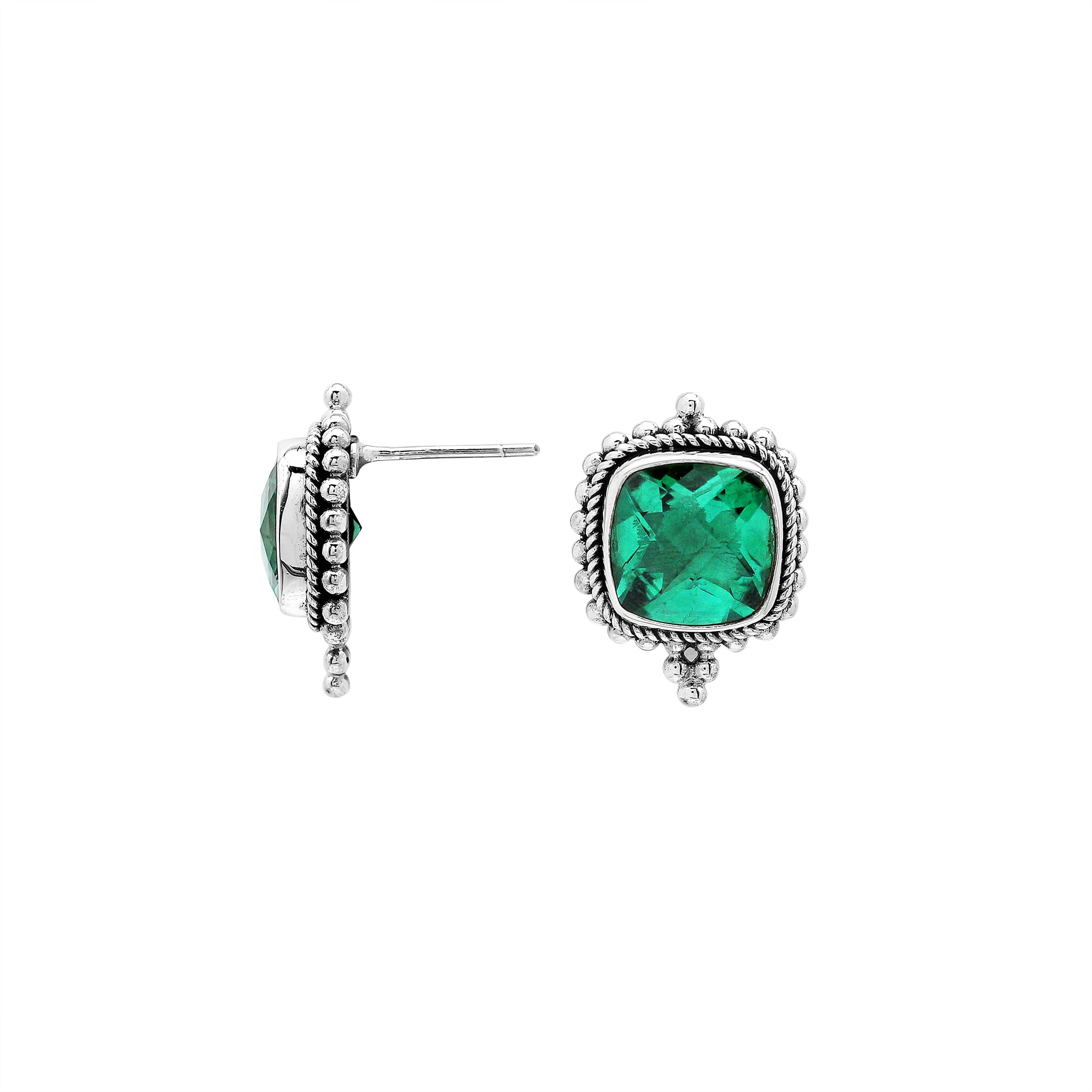 Sterling silver cushion stud earrings with faceted green quartz, handcrafted Bali wholesale jewelry