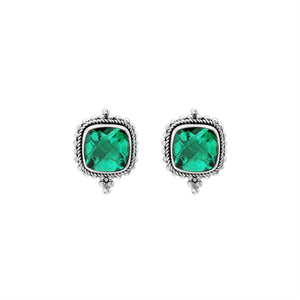 Sterling silver cushion stud earrings with faceted green quartz, handcrafted Bali wholesale jewelry