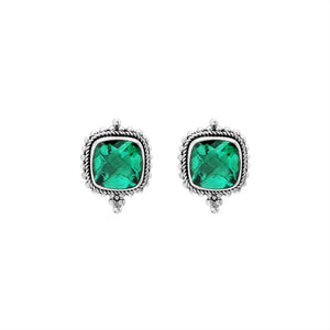 Sterling silver cushion stud earrings with faceted green quartz, handcrafted Bali wholesale jewelry