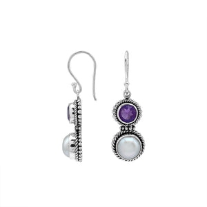 Sterling Silver Amethyst Quartz White Pearl Dual-Stone Rope Accent Earrings
