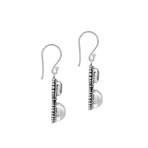 Sterling Silver Amethyst Quartz White Pearl Dual-Stone Rope Accent Earrings