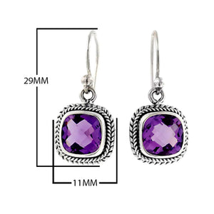 Sterling silver cushion cut amethyst quartz dangle earrings with rope frame handcrafted in Bali.