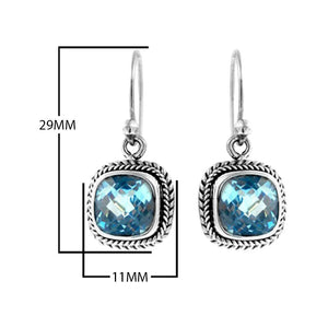 Sterling silver cushion cut blue topaz quartz dangle earrings with rope frame handcrafted in Bali.