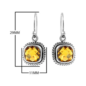 Sterling silver cushion cut citrine quartz dangle earrings with rope frame handcrafted in Bali.