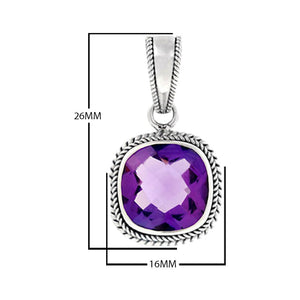Sterling Silver Amethyst Quartz Faceted Cushion Rope Frame Pendant