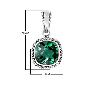 Sterling Silver Green Quartz Faceted Cushion Rope Frame Pendant