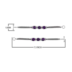 Sterling Silver Bali Handcrafted Amethyst Quartz Cushion Link Bracelet With Textured Chain And Toggle Clasp.