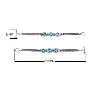Sterling Silver Bali Handcrafted Blue Topaz Quartz Cushion Link Bracelet With Textured Chain And Toggle Clasp.