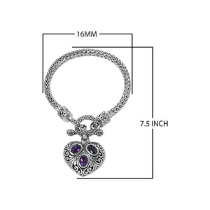 Sterling Silver Bali Amethyst Quartz Heart Charm Bracelet With Rope Chain And Toggle Clasp.
