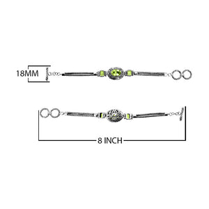 Sterling Silver Bracelet With Peridot Quartz Stones In Oval And Emerald-Cut Shapes With Ornate Scrollwork And Woven Links