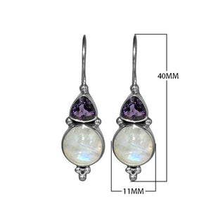 Sterling silver Amethyst Quartz and Rainbow Moonstone dual drop earrings, handcrafted wholesale jewelry from Bali