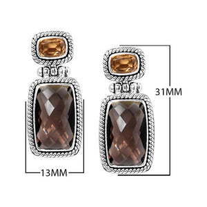 Sterling silver Citrine Quartz and Smoky Quartz dual drop rope-edged earrings, handcrafted wholesale jewelry from Bali