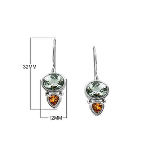 Sterling silver earring with Green Amethyst Quartz and Citrine Quartz dual drop design, handcrafted wholesale jewelry from Bali