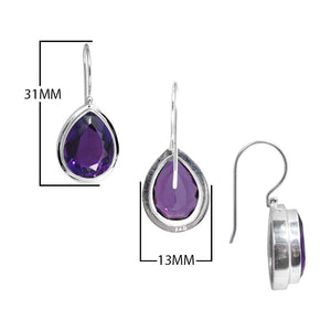 Sterling Silver pear-cut Amethyst Quartz hook earrings handcrafted in Bali with a smooth bezel setting and polished finish.