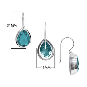 Sterling Silver pear-cut Blue Topaz Quartz hook earrings handcrafted in Bali with a polished bezel setting and sleek finish.