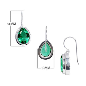 Sterling Silver pear-cut Green Quartz hook earrings handcrafted in Bali with polished bezel frame and minimalist finish.