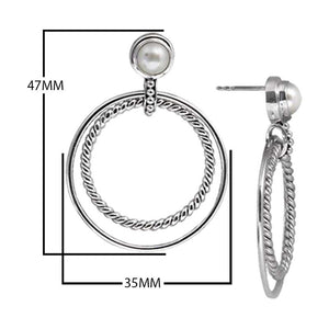 Sterling Silver Fresh Water Pearl double hoop earrings handcrafted in Bali with rope-edge detailing and polished finish.