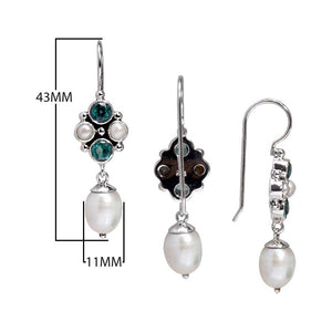 Sterling Silver Fresh Water Pearl and Green Quartz floral drop earrings handcrafted in Bali with polished silver finish.