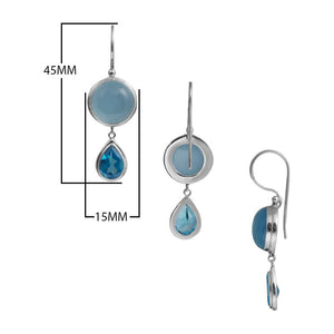 Sterling Silver Blue Chalcedony Quartz and Blue Topaz Quartz dual drop earrings handcrafted in Bali with polished bezel design.
