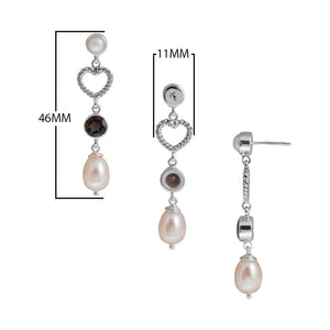 Sterling Silver Fresh Water Pearl and Smoky Quartz heart drop earrings handcrafted in Bali with rope texture and polished finish.