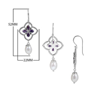 Sterling Silver Fresh Water Pearl and Amethyst Quartz floral drop earrings handcrafted in Bali with twisted rope frame and polished finish.