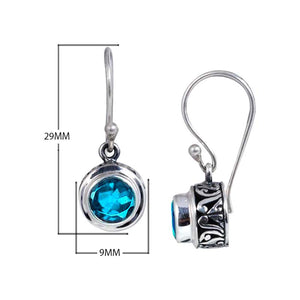 Sterling Silver Blue Topaz Quartz round earrings handcrafted in Bali with Balinese carvings and polished finish.