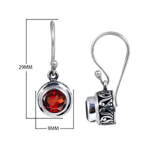 Sterling silver round-shaped Garnet earrings with ornamental side detailing and earwire lock, designed for wholesale jewelry distributors and professional retail collections.