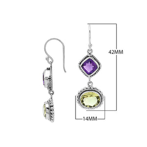 Wholesale sterling silver earrings with cushion-cut Amethyst Quartz and oval Lemon Quartz, handcrafted Bali-inspired design.