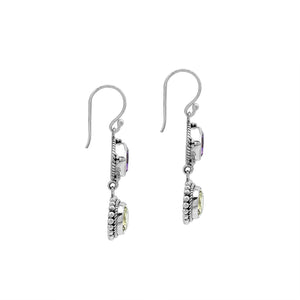 Wholesale sterling silver earrings with cushion-cut Amethyst Quartz and oval Lemon Quartz, handcrafted Bali-inspired design.
